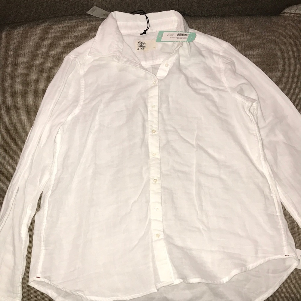Cosmic blue love white linen blouse